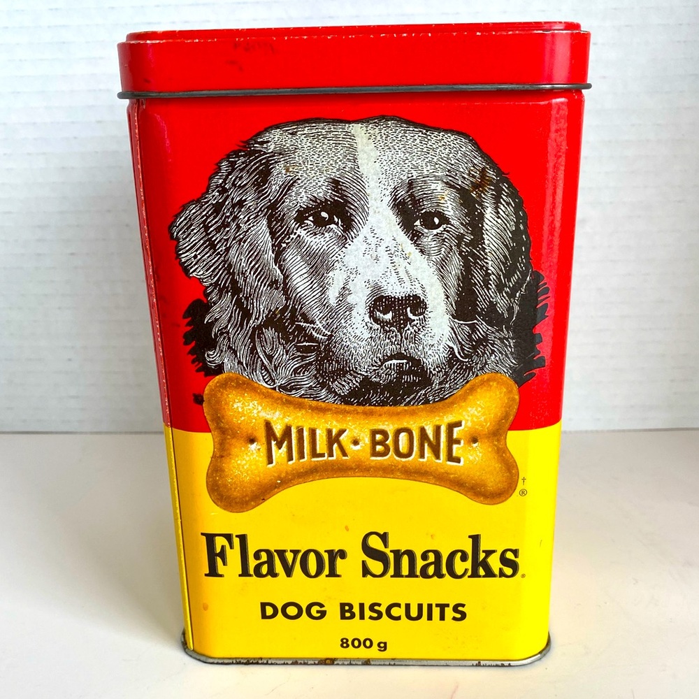 Vintage 1995 English and French Tin Container for Milk-Bone Dog Biscuits -Empty